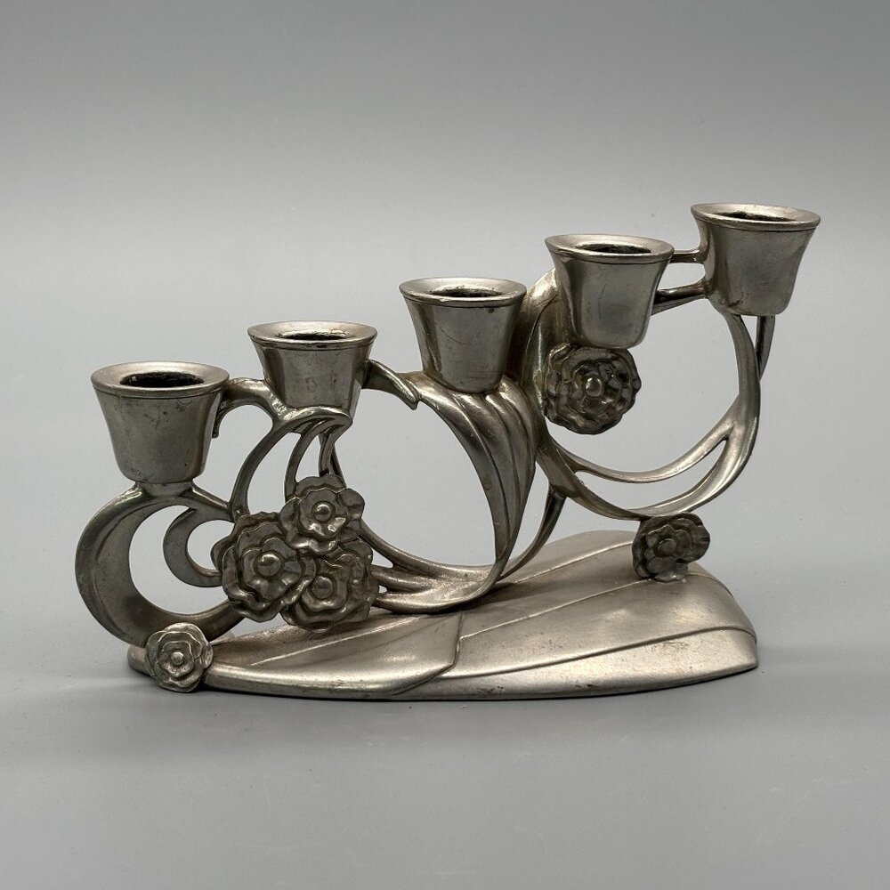 Vintage Seagull Canada Pewter Five Taper Candelabra With Floral Accents Curved